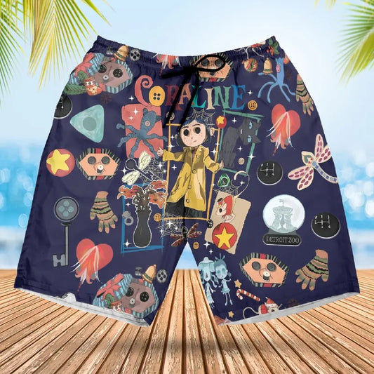 Summer Hawaii Shorts, Coraline Hawaiian Shorts, Coraline Doll Hawaii, Coraline Stuff, Button Eyes Coraline Shorts, Coraline Outfit Gift for Her/ Him, Valentine Gift