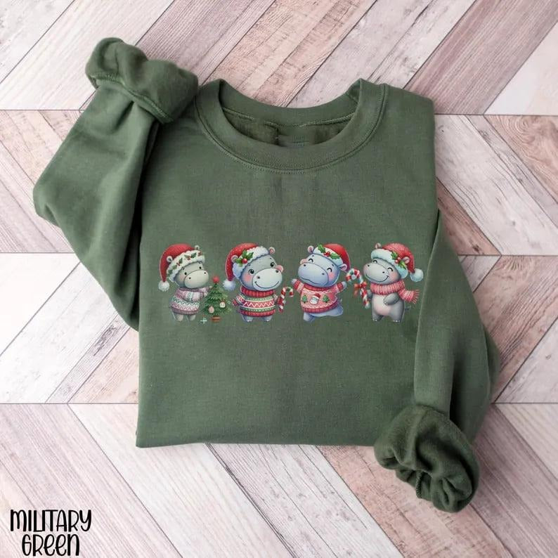 Hippopotamus Christmas Sweatshirt, Funny Hippo Christmas TShirt, Holiday Crewneck for Christmas Gift,Womens Christmas Sweater,Retro Xmas Tee