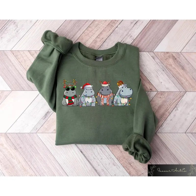 Hippopotamus Christmas Sweatshirt, Retro Hippo Christmas Shirt, Funny Holiday Sweater, Christmas Gift, Christmas Shirt,...