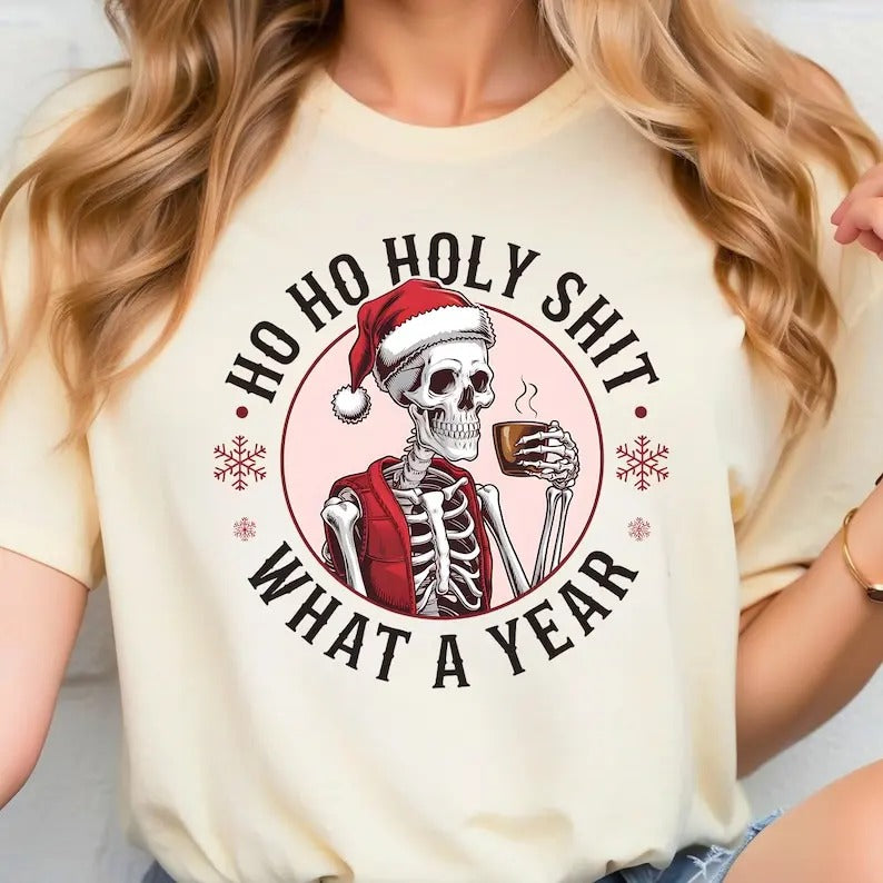 Ho Ho Holy Shit What A Year Shirt, Christmas Sweatshirt, Funny Christmas, Trendy Designs For Christmas Cotton Fabric Hoodie