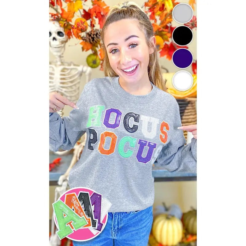 Hocus Pocus Halloween Sequin Graphic Long Sleeve T-Shirt Hoodie, Sweatshirt | DripVista.com
