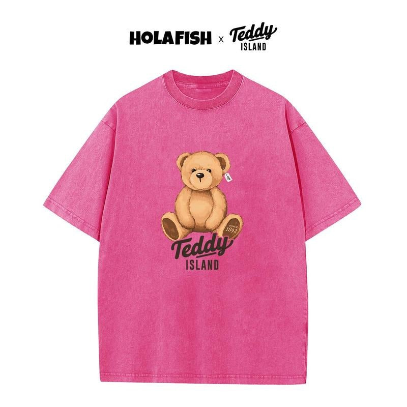 Holafish Cute Teddy Bear Oversized Acid Washed Tshirt Graphic Cotton Drop Shoulder TShirts Vintage Streetwear Basic Baggy...