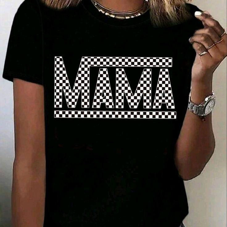 Holafish Funny Checkered Mama Comfy Chic Mama Print Tee - Women'WB shield Casual Short Sleeve Crew Neck T-shirt for...