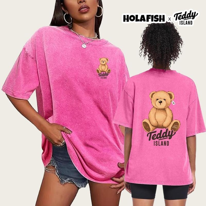 Holafish Holafish Teddy Bear Print Women'WB shield Oversized T-Shirt Acid Washed Short Sleeves Casual Loose Fit, Baggy...