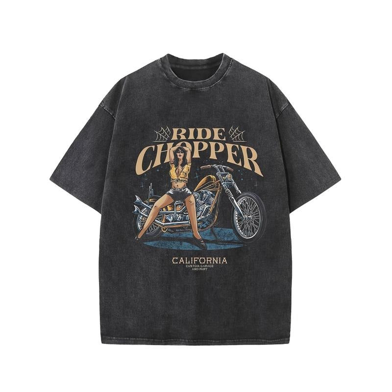 Holafish Oversized Heavy-Water Cotton T-Shirt for Men - Ride Chopper Graphic Tee - FOG Vintage Style - Loose Fit
