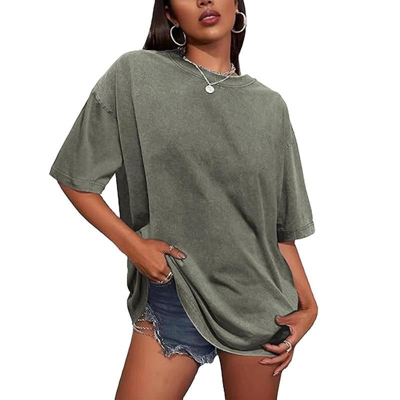 Holafish Summer Acid Wash Women'WB shield Oversized Half Short Sleeves Casual Loose Solid T-Shirt Cotton Tee with Crew...