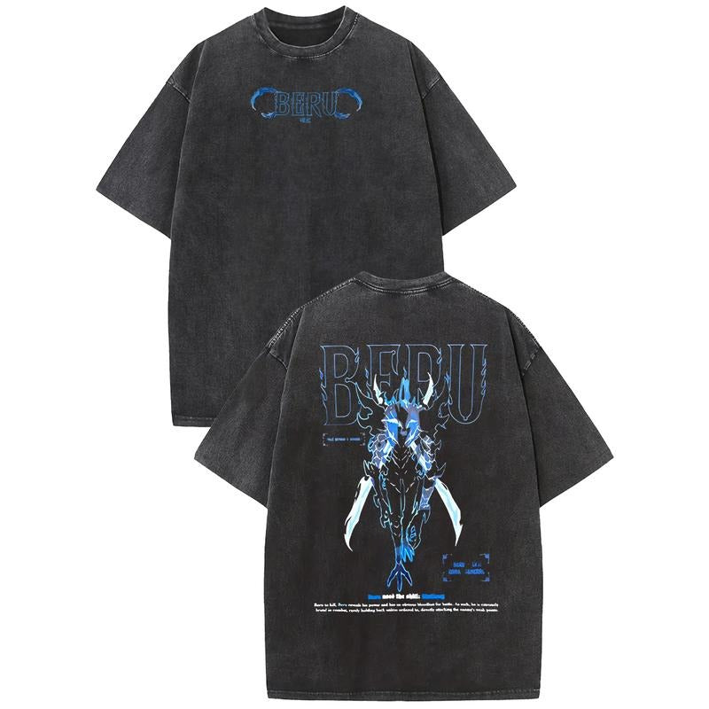 Holafish Sung Jin-Woo Solo Leveling Double Printed Oversize Lightweight Acid Washed Tee, Gift For Fan KING FOG INSECTS