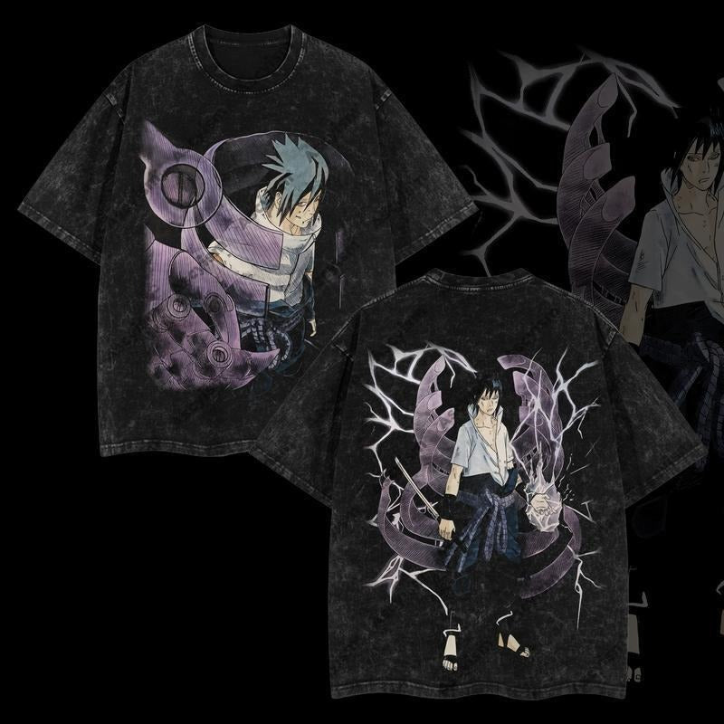 Holafish Uchiha Sasuke Shirt Susanoo Hidden leaf ninja Shippuden Retro Vintage Unisex Oversize Manga Acid Washed...