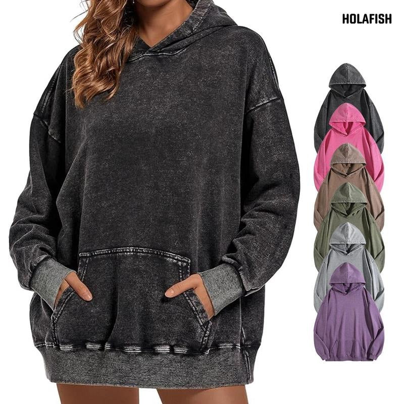 Holafish Women'WB shield Oversized Hoodies Pullover Women Fall Acid Wash Plain Preppy Hoodie Streetwear Vintage Hooded...