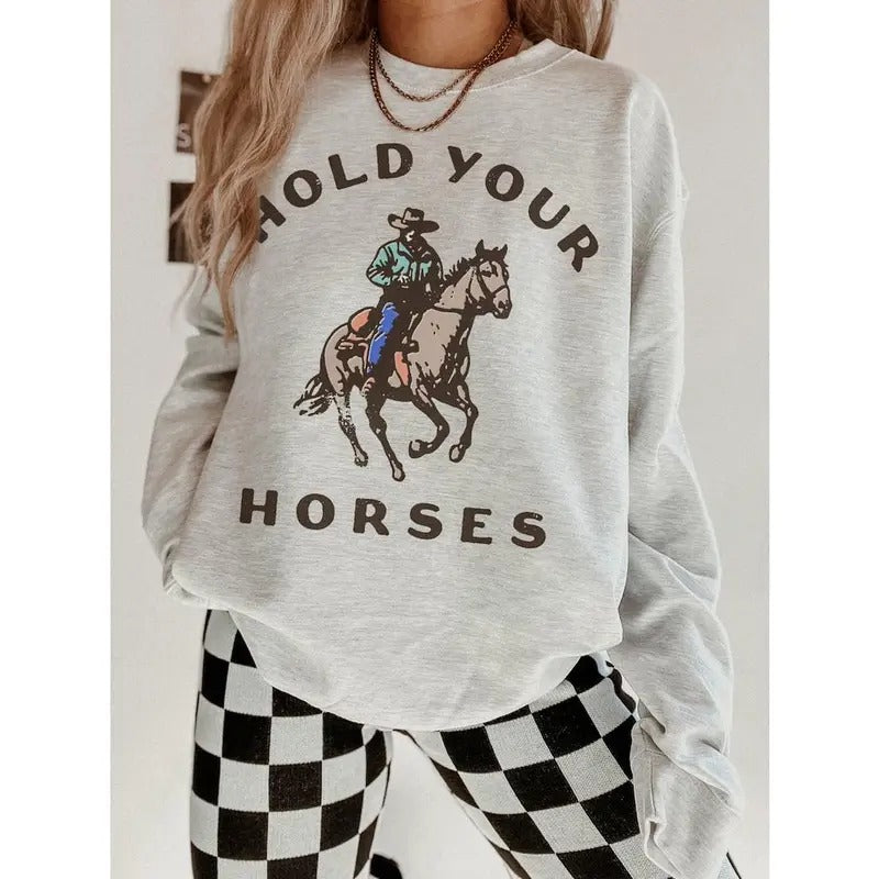 Hold Your Horses Crew, Western cowgirl trendy aesthetic Crewneck, vintage inspired retro sweatshirt