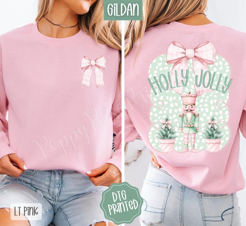 Holly Jolly Nutcracker Front & Back Sweatshirt, Trendy Women's Holiday Crewneck