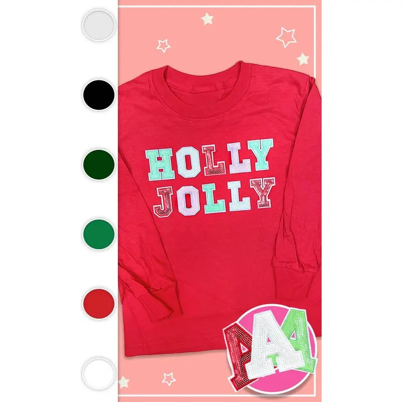 Holly Jolly Sequin Christmas Youth Graphic Long Sleeve T-Shirt Hoodie, Sweatshirt | DripVista.com