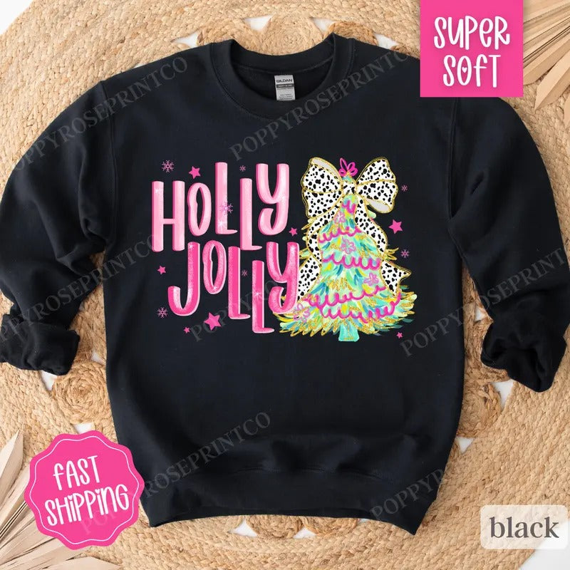 Holly Jolly Sweatshirt, Cute Christmas Sweater, Women's Holiday Crewneck T-Shirts, Hoodie | DripVista.com