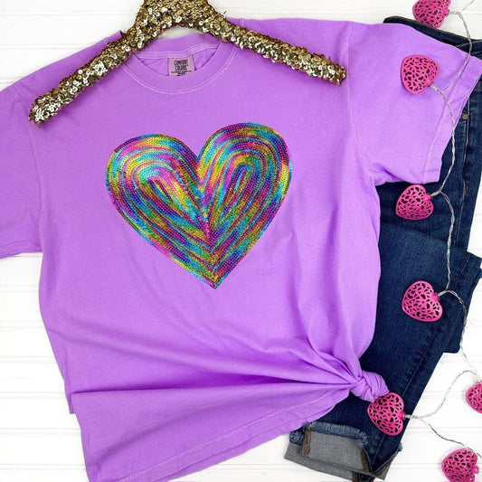 Holographic HEART Sequin Patch Comfort Colors T-Shirt -- NEON VIOLET