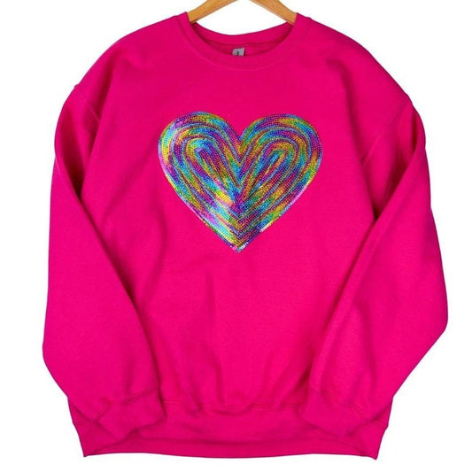 Holographic HEART Sequin Patch Sweatshirt -- HOT PINK