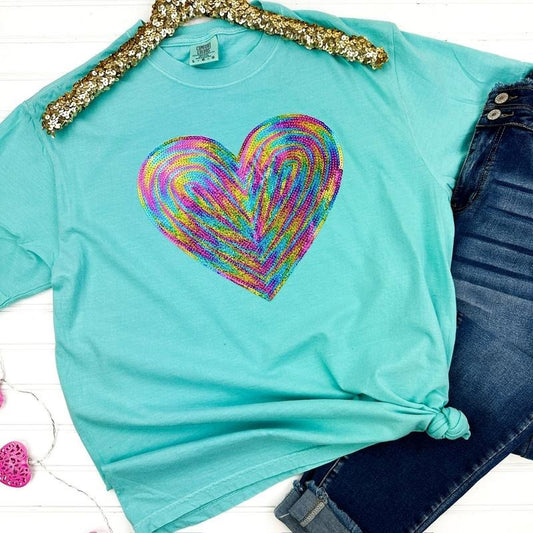 Holographic Heart Sequin Patch Comfort Colors T-Shirt