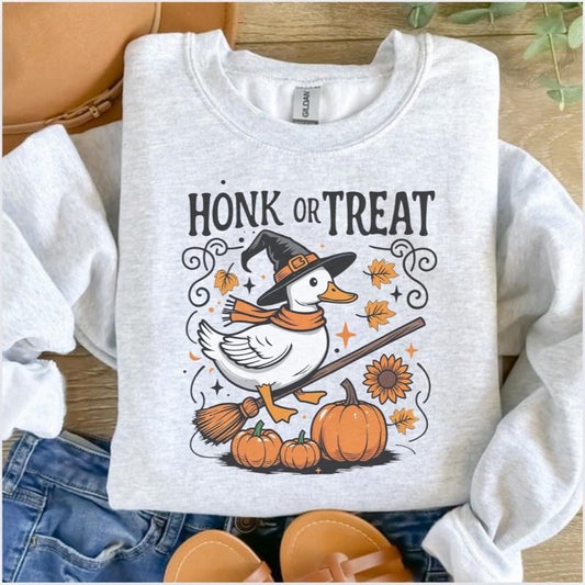 Honk Or Treat Porch Goose Halloween Sweatshirt - Ash Grey - Halloween Sweatshirt