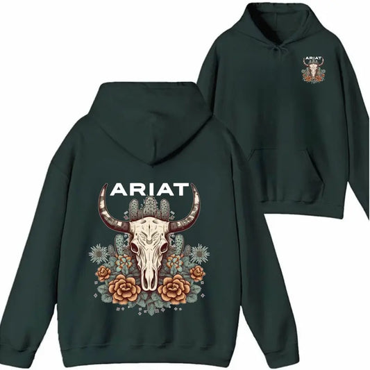 Ariat Shirt/Sweatshirt/Hoodie- Featuring a bull skull design with unique cactus floral patterns, perfect for outdoor adventures. Unisex Menswear Tops Pullover