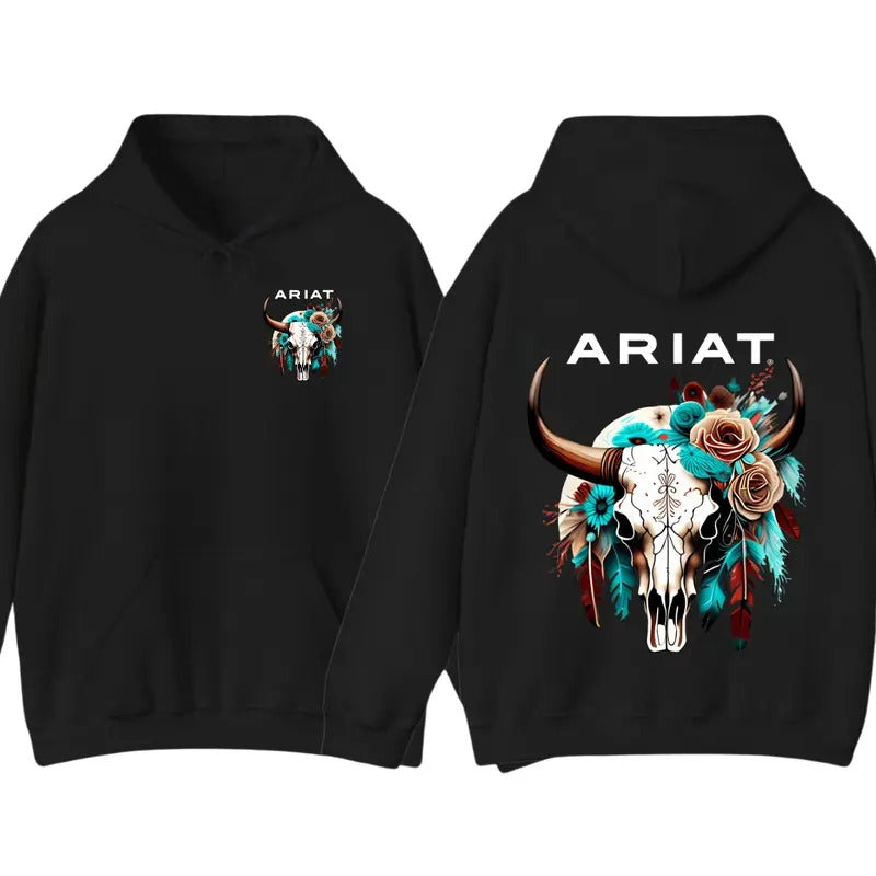Ariat Shirt/Sweatshirt/Hoodie- Featuring a wild bull skull design with intricate floral patterns, perfect for outdoor adventures.  Unisex Menswear Tops Pullover