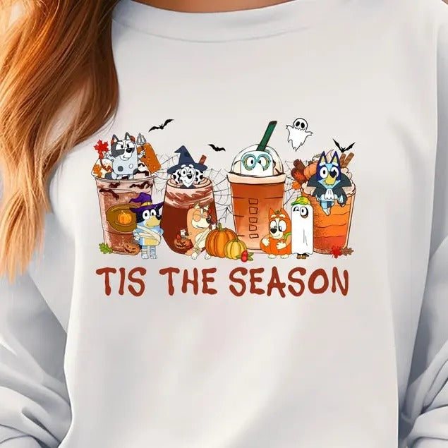 blue y "Tis the Season" Pumpkin Coffee Shirt - Fall Halloween Unisex Tee/Sweatshirt/Hoodie, A blue y Halloween