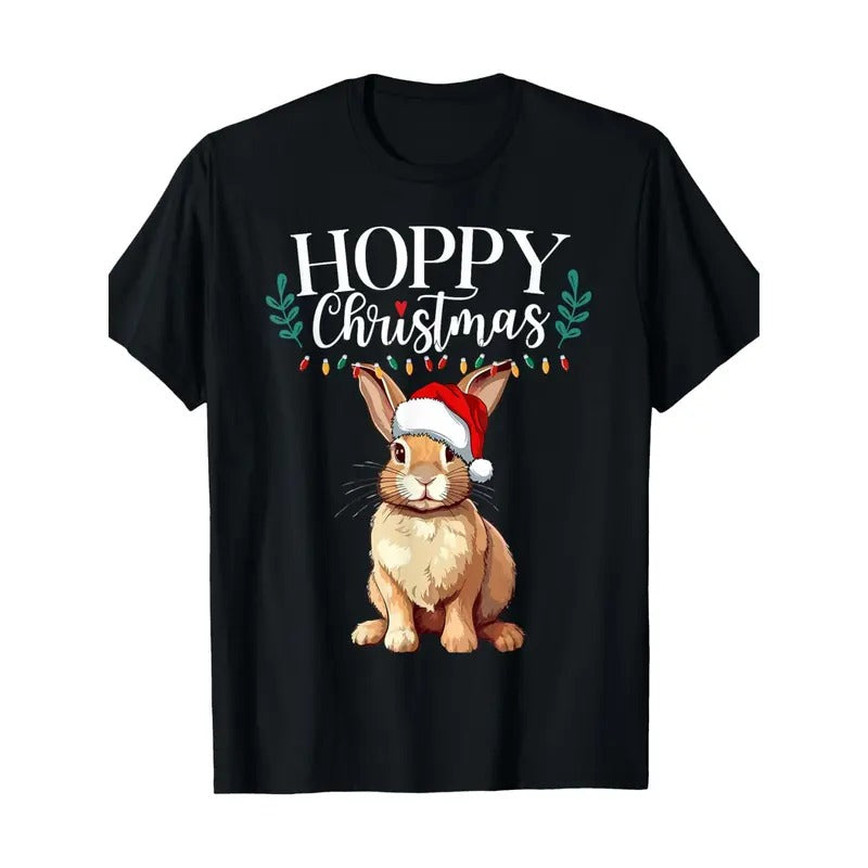 Hoppy Christmas Cute Bunny Christmas Funny Family Matching T-Shirt 100% Cotton Made in USA