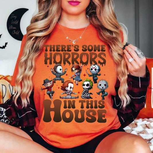 Horror Characters There's Some Horrors In This House Shirt Sweat, Horror Movies Shirt, Halloween Sweatshirt, Halloween Gift Cotton Womenswear Fit Top Bottom Check Collars Comfort