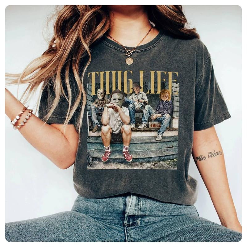 Horror Characters Thug Life Shirt, Horror Movie Characters Shirt Jason Voorhees Michael Myers Halloween Shirt Horror Movie Killers Shirt