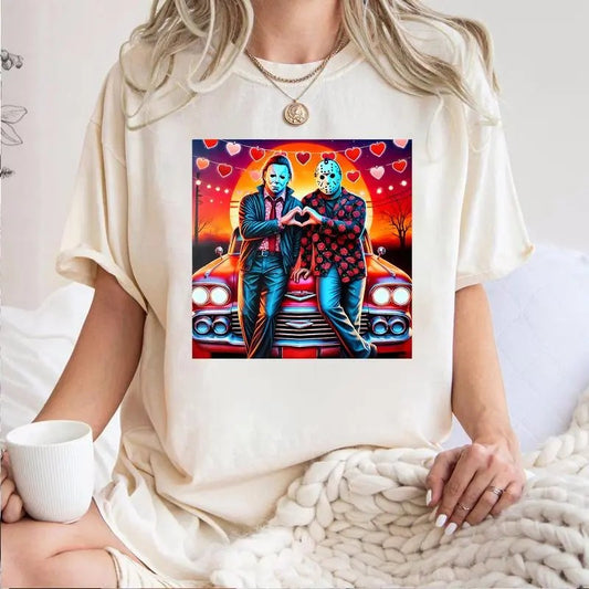 Horror Characters Valentine Shirt, Pink Heart Valentine Horror Sweatshirt, Scary Movie Valentine Shirt,  Love XOXO Heart style 02