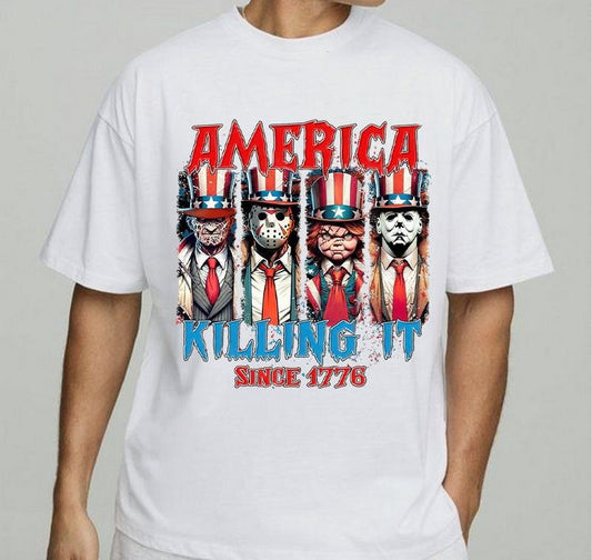 Horror Fourth Of July Tees  America Killing It Since 1776 T-Shirt Trendy Fit Customizable Gift for Her