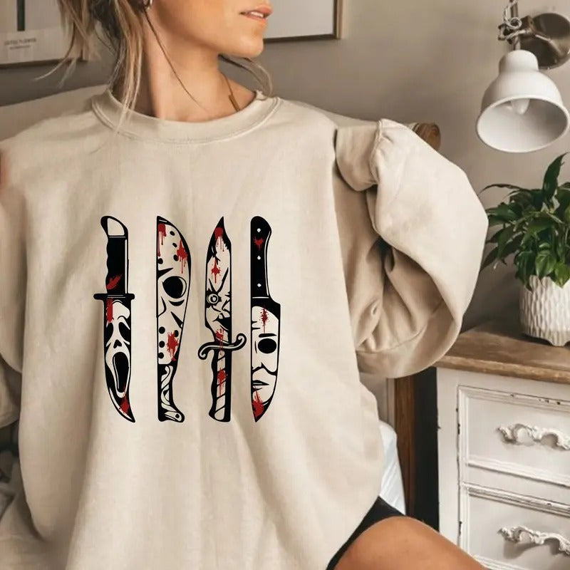 Horror Friends Movie Characters Sweatshirt, Horror Movie Characters In Knives Sweatshirt, Halloween Shirt, Horror Movie Sweatshirt