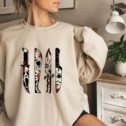 Horror Friends Movie Characters Sweatshirt, Horror Movie Characters In Knives Sweatshirt, Halloween Shirt, Horror Movie Sweatshirt