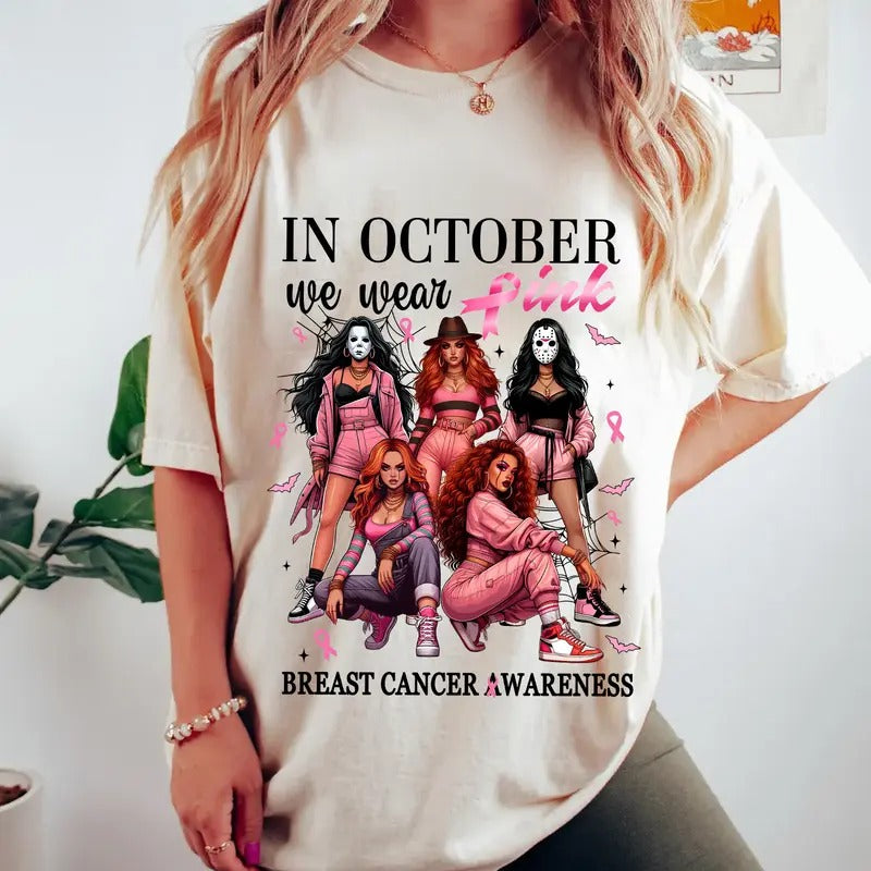 Horror Gangster Friends Cotton T-Shirt - In October We Wear Pink - Crewneck, Top Hoodie, Sweatshirt | DripVista.com
