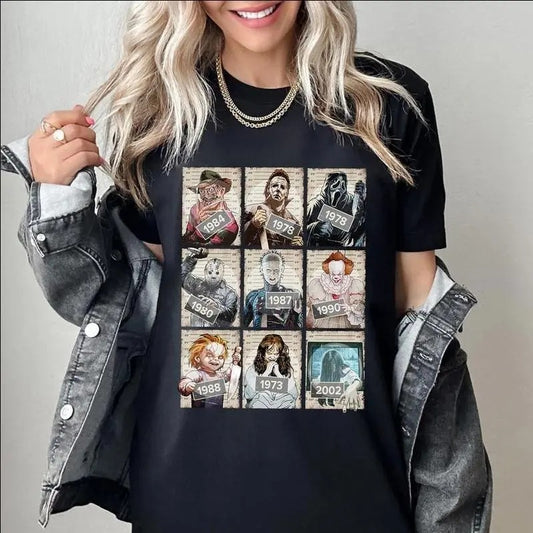 Horror Movie Characters Shirt, Halloween Horr0r Movie Mugshot Shirt, Scary Movie Halloween Shirt, Halloween Shirt, For Men, For Women, Casual, Classic Fashion Cotton Underwear Top Comfort Womenswear T-Shirt