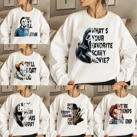 Horror Movie Quote Sweatshirt,Scary Killer Crewneck,Ghostface,Chucky,Michael Myers,Freddy, Jason,Pennywise,Horror Characters Movies,Halloween Sweater