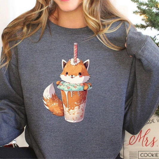 Hot Chocolate Fox T Shirt Hoodie Sweater, Cute Boba Tea Shirt, Fox Boba Tea Shirt, Cute Fox T-Shirt, Tea Lover TShirt, Coffee Shirt, Kawaii Fox Shirt
