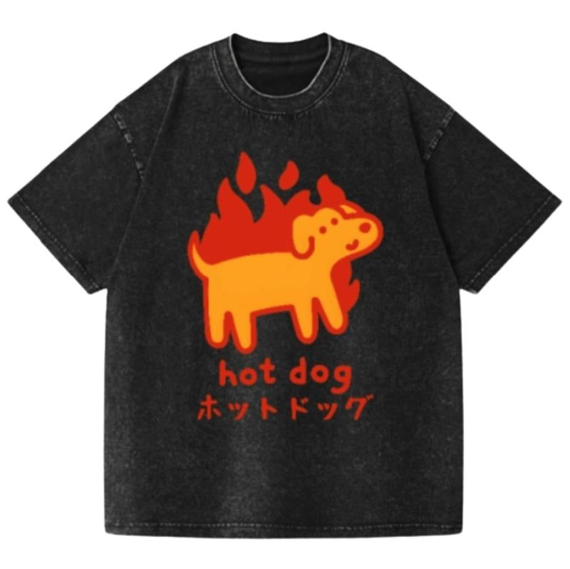 Hot Dog Vintage Wash Japanese Design T-Shirt, Funny Anime Graphic Tee Shortsleeve Comfort Top Summer Womenswear