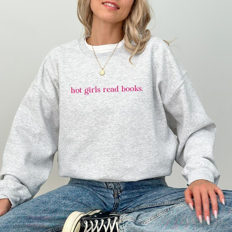Hot Girls Read Books Sweatshirt, Bookish Crewneck, Bookworm Sweaters for Women, Reading Tops for Girls, Book Lover Gift...