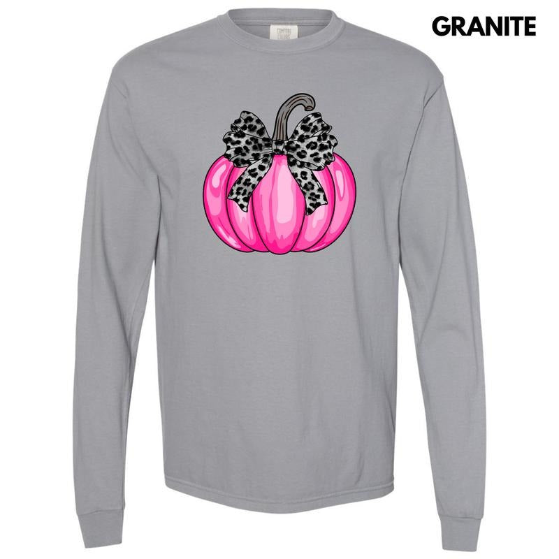 Hot Pink Leopard Bow Pumpkin Long Sleeve Comfort Colors T-Shirt 'NLB' Hoodie, Sweatshirt | DripVista.com