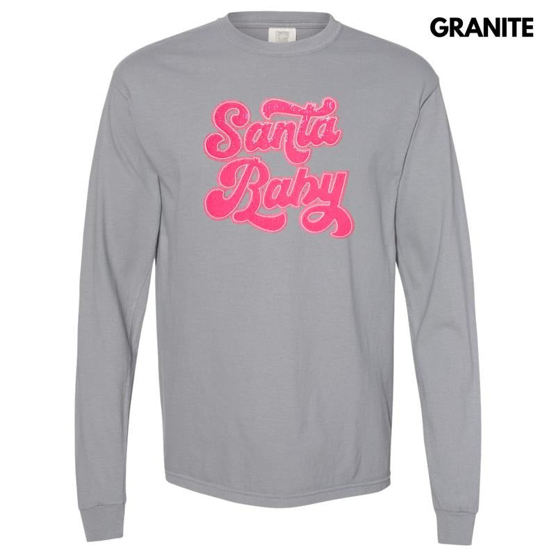 Hot Pink Santa Baby Sequin Patch Long Sleeve Comfort Colors T-Shirt