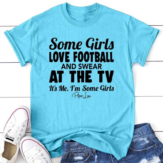 Some Girls Love Football And Swear Apparel, Proudly Printed In The USA, Tee / Tank / V Neck Gray / White / Blue / Hot Pink, #sassy #cute #blackprint #sports #football