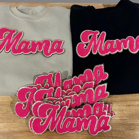 Hot pink and gold Mama Chenille Sweatshirt unisex sizing