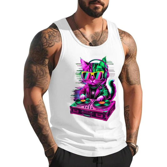 House Music Festival Cat DJ Techno Rave EDM Kitty Cat Lover Unisex Tank Top, Cotton, Size S-3XL