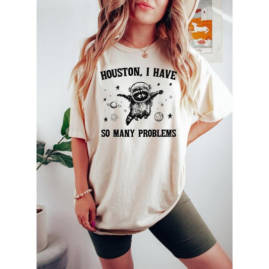 Houston I Have So Many Problems T Shirt Hoodie Sweater Funny Graphic Shirt Raccoon In Space Shirt Funny Raccoon Shirt Retro Raccoon Outfits Galaxy Shirt