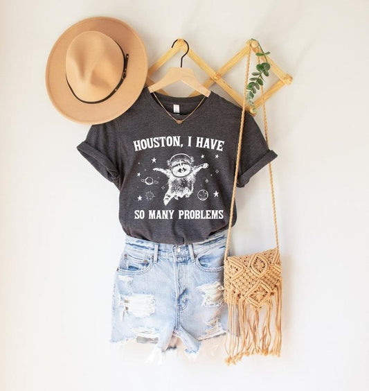 Houston I have So Many Problems Shirt, Funny Graphic Raccoon In Space Shirt, Funny Raccoon Retro Outfits, Galaxy Shirt Comfort Fabric