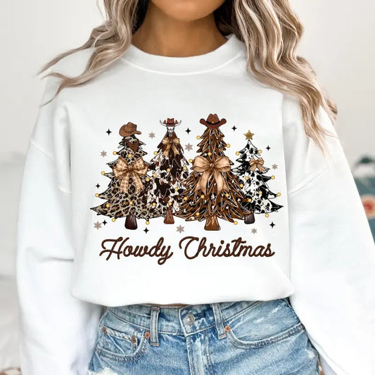Howdy Retro Western Christmas Tree Sweatshirt, Cowboy Christmas Christmas Cowgirl Coquette Bow Shirt