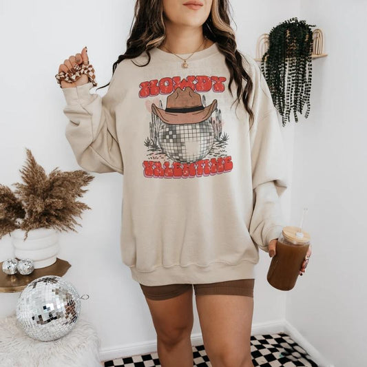 Howdy Valentine Disco sweawtshirt, Retro Valentine crewneck shirt for women, western outfits women, western clothing stuff for women, country girl clothes hoodies
