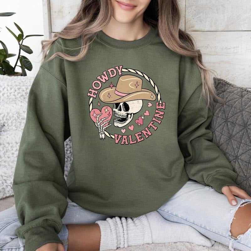 Howdy Valentine, Skeleton Cowboy, Western, Country, Sweatshirt, Valentine's Day, Crew Neck, Women's, Crewneck,...