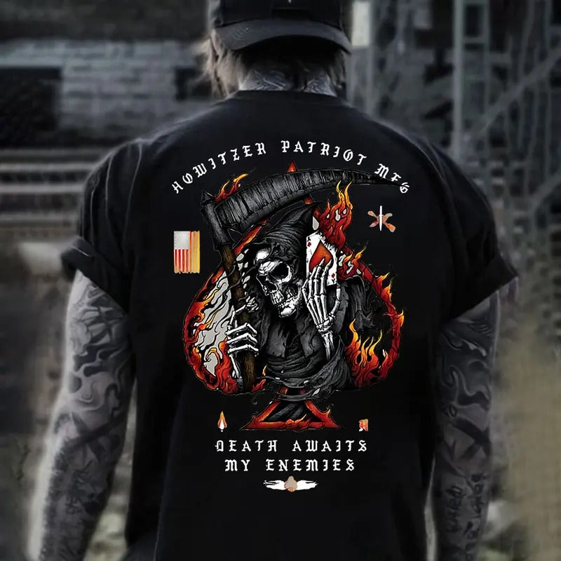 Howitzer Patriot MFG Death Awaits My Enemies Back Side Printed T-shirt - Crewneck Sweatshirt