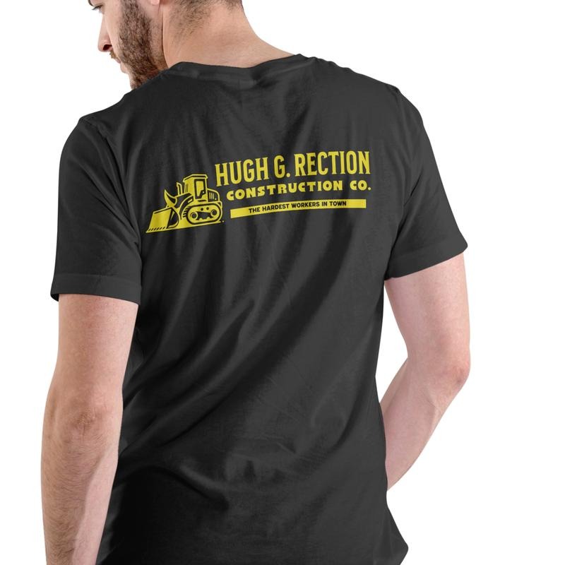 Hugh G Rection Construction Co. Funny T Shirt Unisex Cotton Black Tee with Logo Design for Men
