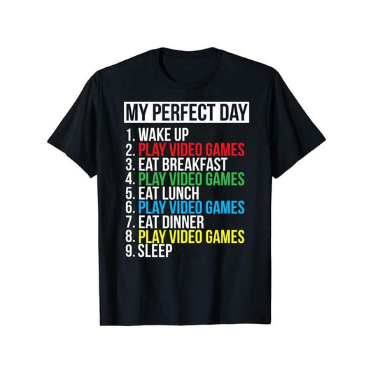 Humorous "My Perfect Day" Graphic T-Shirt for Men - Short Sleeve, Casual, Funny Video Game Print Tee - Perfect Gift for Gamers, Summer, Spring, and Fall Made in USA